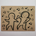 Hand-drawn illustration of two people dancing on a kraft paper background with musical notes and shapes.