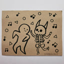 Black marker illustration on brown paper of a character dancing with a skeleton with music notes around.