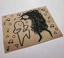 Hand-drawn artwork on brown paper with black ink, featuring two abstract figures and musical notes.