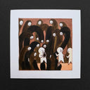 Illustration of a crowd with ghostly figures on a black background