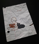 Illustration of a ghost reading a book to a cat on crumpled paper with text.
