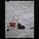 Illustration of a ghost reading a book to a cat on crumpled paper with text.