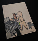 Illustration of a person cooking on a stove with cats around, on beige paper.