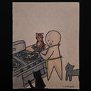 Illustration of a person cooking on a stove with cats around, on beige paper.