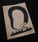 Surreal black ink drawing on beige paper with a large curved line and small figures underneath.