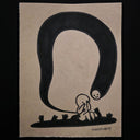Surreal black ink drawing on beige paper with a large curved line and small figures underneath.