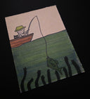 Cartoon-style drawing of a person fishing with a large fish and cat in a boat, with raised hands in the background.