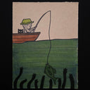 Illustration of a person fishing with a cat in a boat, surrounded by hands reaching out.