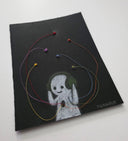 Artistic depiction of a white simple character wearing headphones with colorful lines on a black background