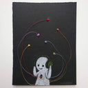 Artistic depiction of a white simple character wearing headphones with colorful lines on a black background