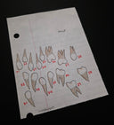 Sheet of paper with dental illustrations and numbers on a dark background