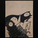 Illustration of a family of monsters and a cat on beige paper.