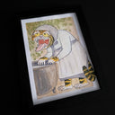 Illustration of a tiger dressed as a girl, in a robed outfit, standing with its tongue out at a basin of water