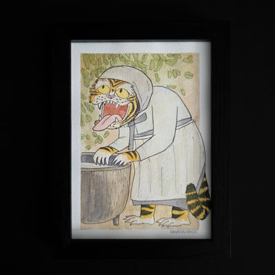 Illustration of a tiger dressed as a girl, in a robed outfit, standing with its tongue out at a basin of water