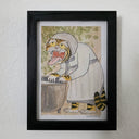 Illustration of a tiger dressed as a girl, in a robed outfit, standing with its tongue out at a basin of water