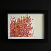 Framed artwork of red devil character emerging from flames with dozens of butterflies surrounding them
