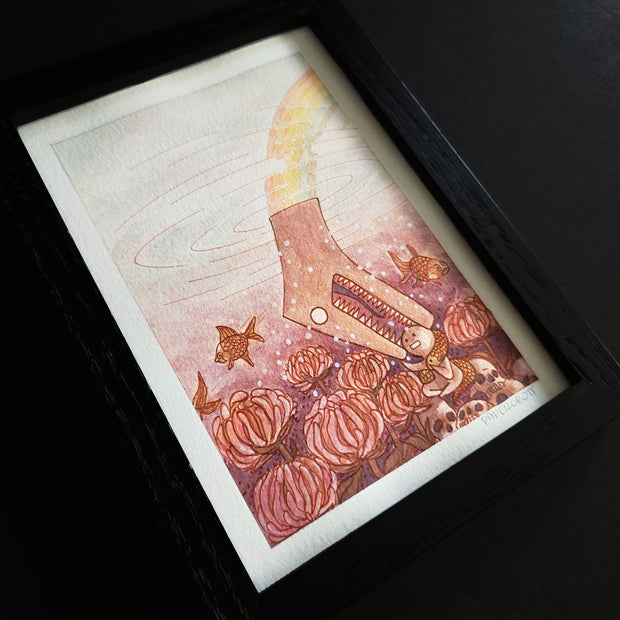 Framed artwork of a dinosaur with a long neck, putting its head under water with sea flowers and fish.
