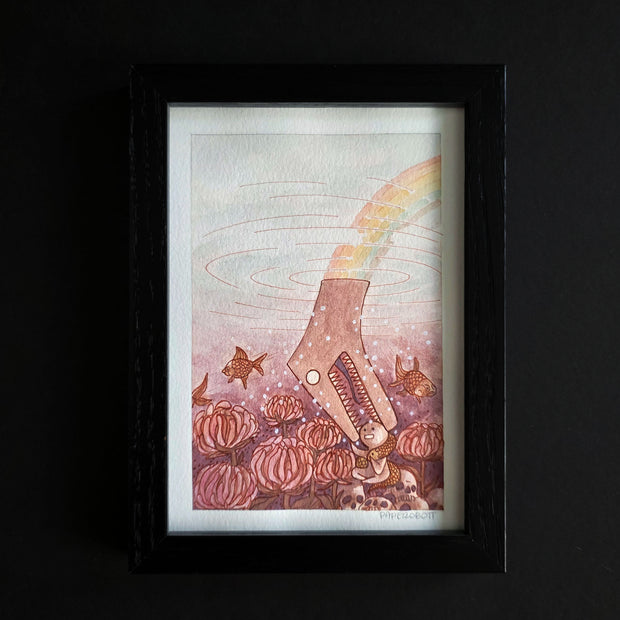 Framed artwork of a dinosaur with a long neck, putting its head under water with sea flowers and fish.