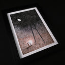 Framed illustration of a tall shadowy character looking down at a tiny character.