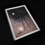 Framed illustration of a tall shadowy character looking down at a tiny character.