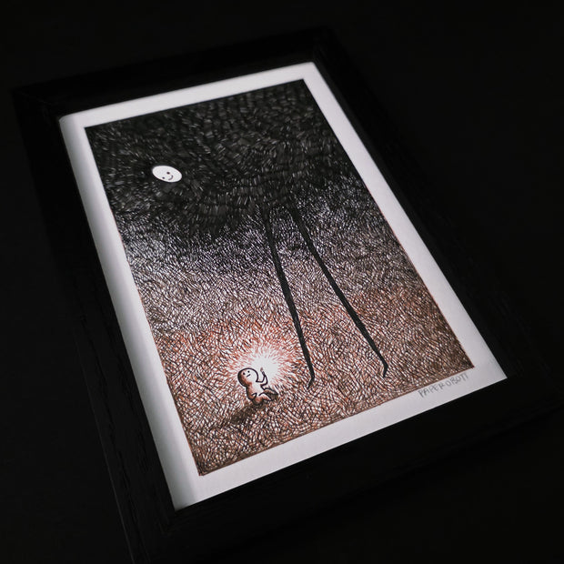 Framed illustration of a tall shadowy character looking down at a tiny character.