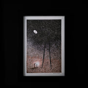 Framed illustration of a tall shadowy character looking down at a tiny character.