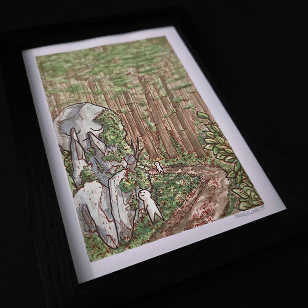 Painting of a cartoon forest setting with a large rock statue of a character in child's pose.