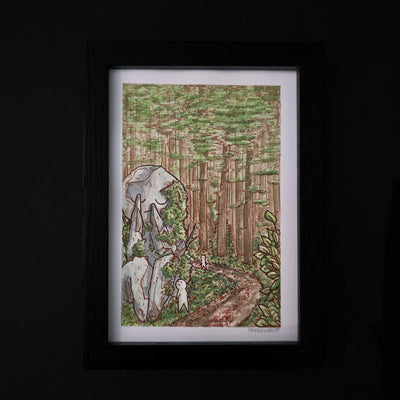 Painting of a cartoon forest setting with a large rock statue of a character in child's pose.