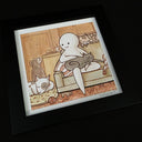 Watercolor illustration in mostly sepia tones of a white simplistic looking character sitting on the couch with cats and dogs around them.