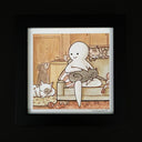 Watercolor illustration in mostly sepia tones of a white simplistic looking character sitting on the couch with cats and dogs around them.