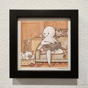 Watercolor illustration in mostly sepia tones of a white simplistic looking character sitting on the couch with cats and dogs around them.