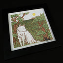 Watercolor illustration of a white fluffy wolf sitting in a greenery landscape with a tiny black kitten near them.