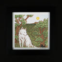 Watercolor illustration of a white fluffy wolf sitting in a greenery landscape with a tiny black kitten near them.