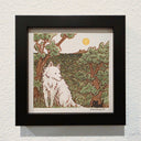 Watercolor illustration of a white fluffy wolf sitting in a greenery landscape with a tiny black kitten near them.