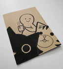 Illustration of a person with a coffee cup and two cats.
