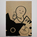 Illustration of a person with a coffee cup and two cats.