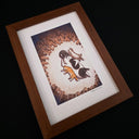 Framed illustration of a simplistic white character laying down with cats piled on and around them. They are in the middle of a circle of hands reaching towards them.