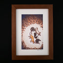 Framed illustration of a simplistic white character laying down with cats piled on and around them. They are in the middle of a circle of hands reaching towards them.