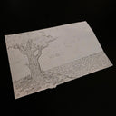 Pencil illustration of a tree in a large field with a small smiley face on it.