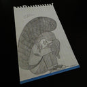 Graphite sketch of a girl sitting, with her knees pulling into her chest, and a large shadow monster resting on top of her.