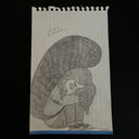 Graphite sketch of a girl sitting, with her knees pulling into her chest, and a large shadow monster resting on top of her.
