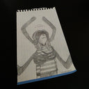 Graphite illustration of a person standing with their eyes covered and chest held but floating arms.