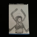 Graphite illustration of a person standing with their eyes covered and chest held but floating arms.