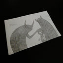 Graphite illustration of a small girl, being held by a large shadow monster while another large shadow monster covers her eyes.