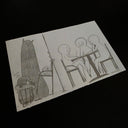 Graphite illustration of many characters sitting at a table, talking with a girl sits outside the door, curled into herself with a giant shadow monster hovering over her.