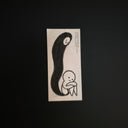 A minimalist black and white drawing featuring a stylized figure with a long flowing black shape and a small seated white figure, centered on a dark background.