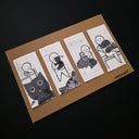 Set of 4 black marker drawings on thin strips of white paper, of a simplistic white character interacting with cats.