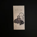 A rectangular drawing of a black line drawing of a simplistic character reading a book, with a pile of cats atop of them. Photographed on a dark black background.
