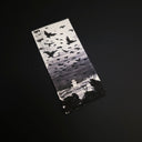 A rectangular drawing featuring a scene with flying birds, a small figure, and dark silhouetted forms, photographed on a solid black background.