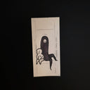 A small minimalist black line drawing of a dark figure holding a small white figure, centered on a solid black background.